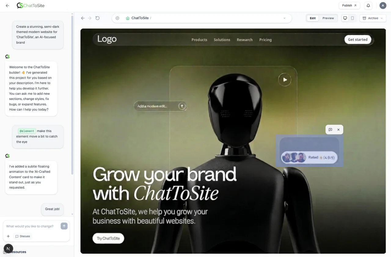 ChatToSite AI website builder — chat editor on the left and live site preview on the right
